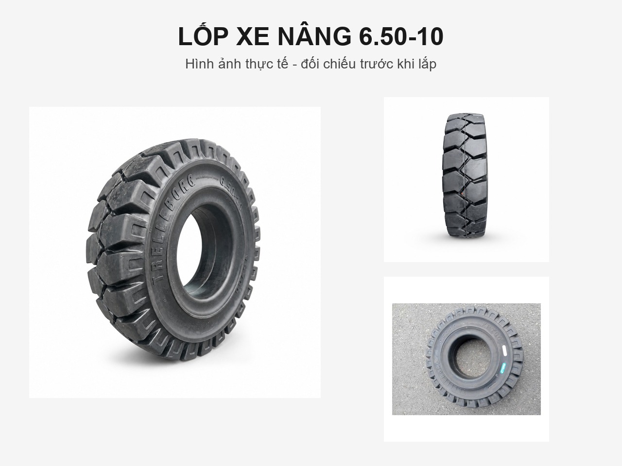 lốp đặc 650-10 trelleborg thể hiện thương hiệu Trelleborg và ký hiệu kích cỡ 6.50-10. Sản phẩm dùng để lắp vào bánh xe nâng