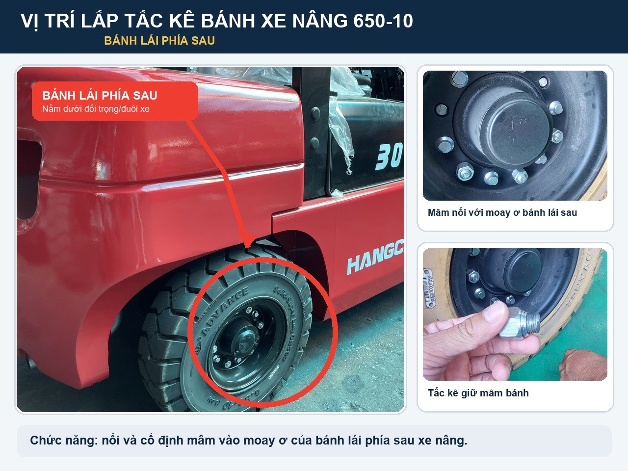Tắc kê bánh xe nâng Hangcha. Tắc kê bánh sau xe nâng dùng để nối mâm với moay-ơ bánh lái phía sau, sử dụng trên xe nâng dầu
