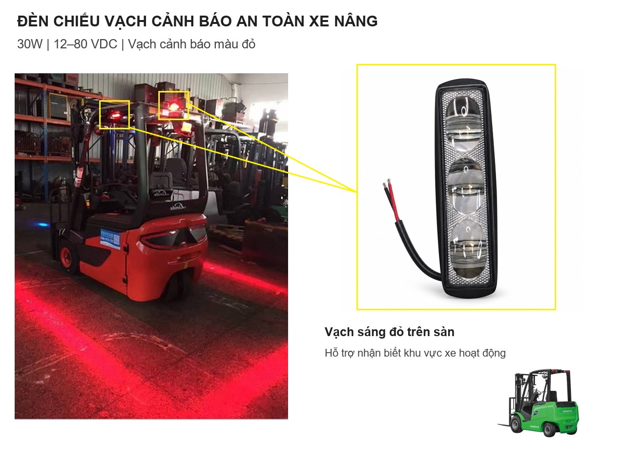 Đèn chiếu vạch cảnh báo an toàn xe nâng 30W 12V-80VDC