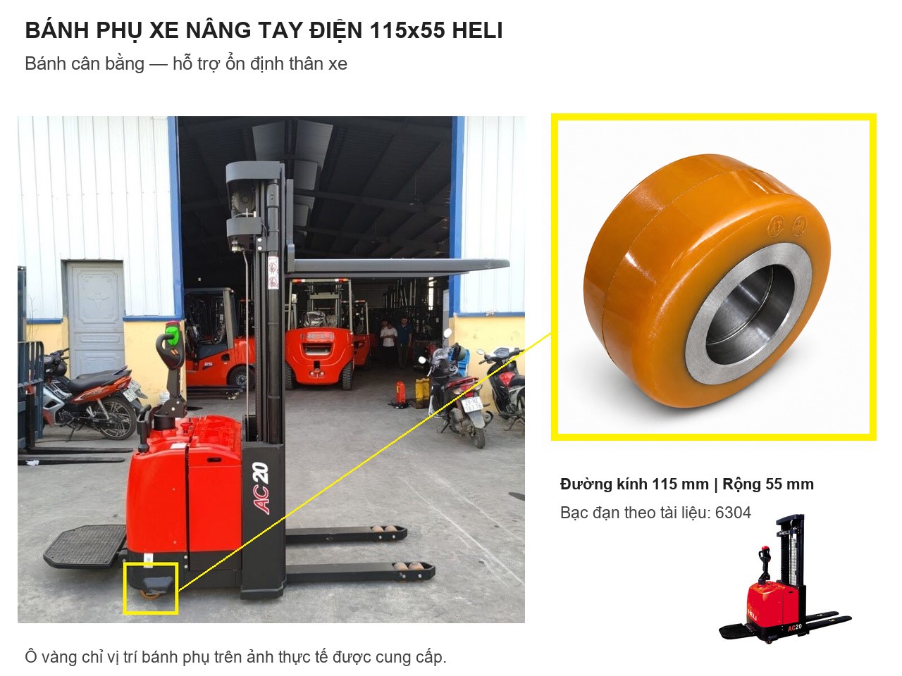 Bánh phụ xe nâng tay điện 115x55 mm PU - Heli